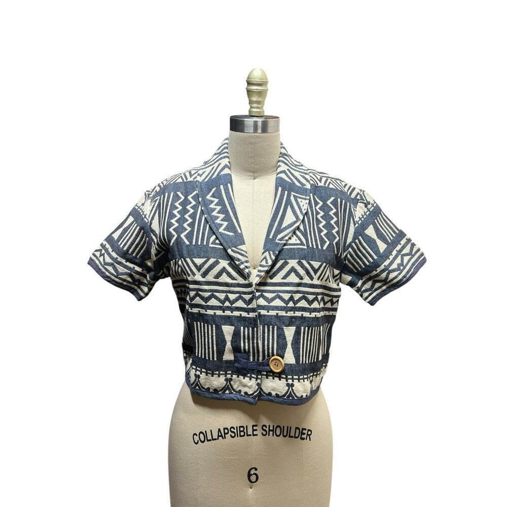Vtg 80s SZ M 100% Cotton Geometric Tapestry Cropped Blazer Top Boho Western
